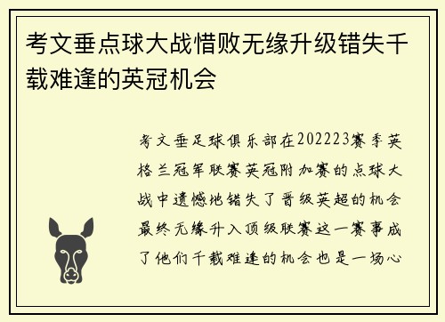 考文垂点球大战惜败无缘升级错失千载难逢的英冠机会
